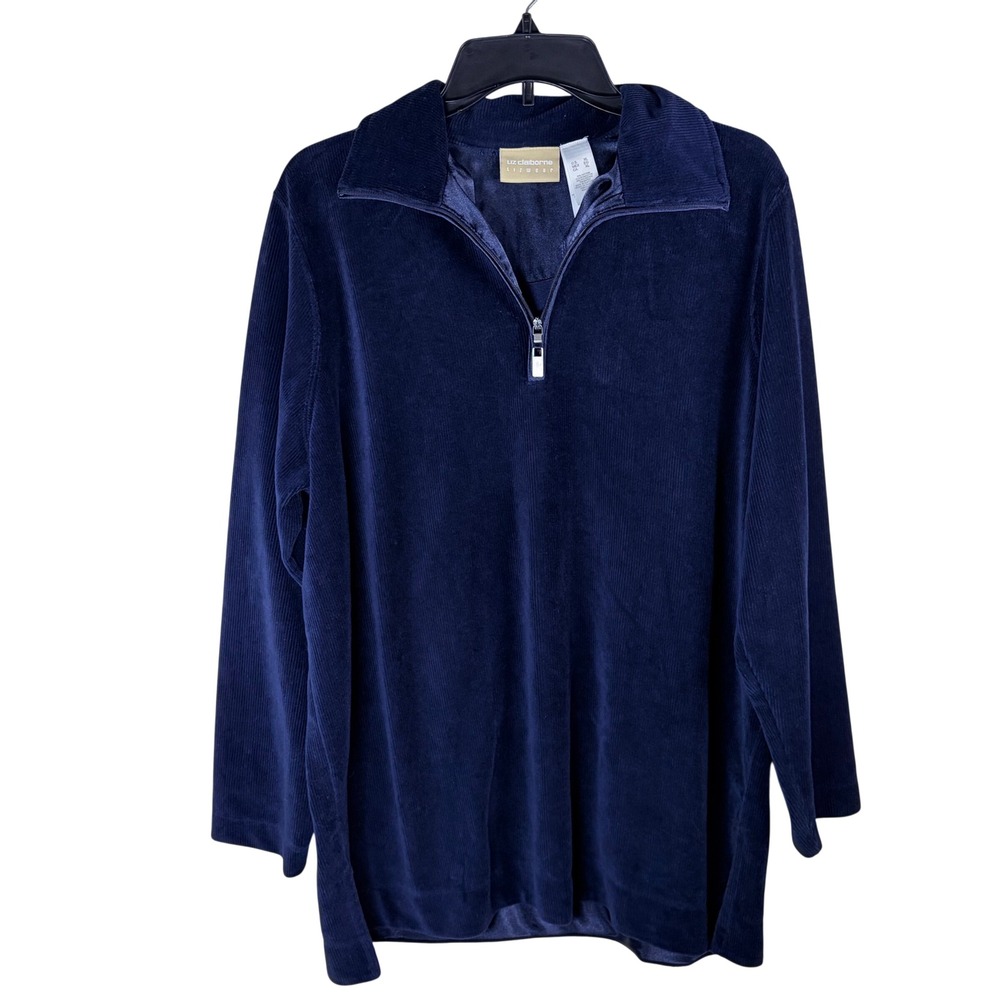 Vintage Liz Claiborne Lizwear Ribbed Velour Quarter Zip Pullover Navy Blue XL
